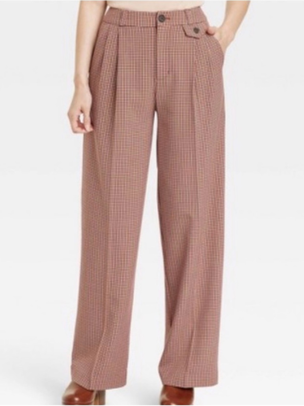 a new day Plaid Wide-Leg High-Waist Pants - Beige/Rust - Picture 2 of 9